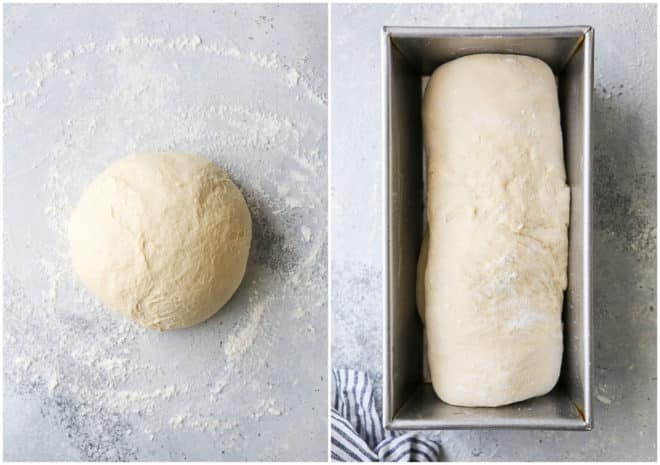 shaping bread into a loaf, putting it in a pan