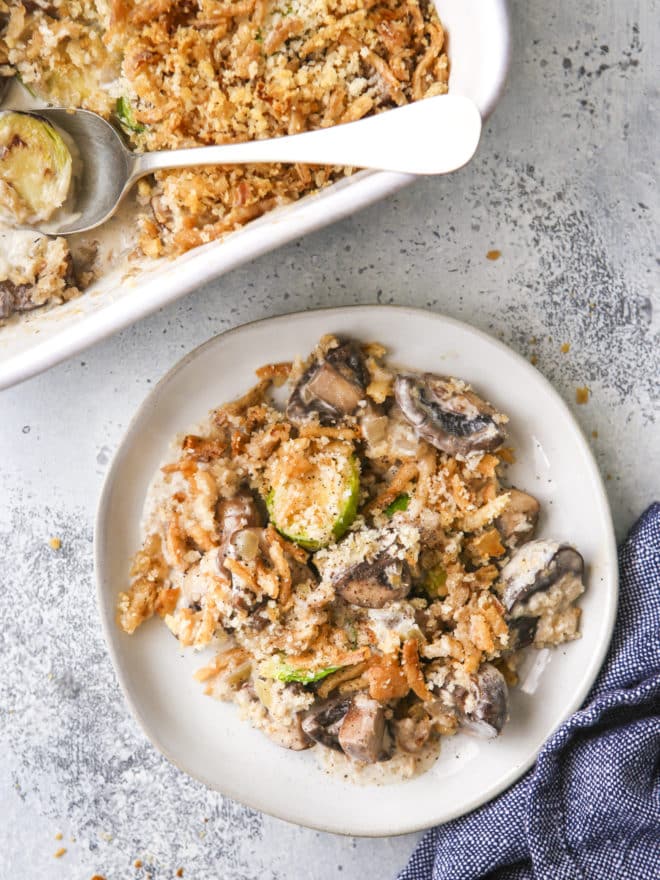 brussels sprout and mushroom casserole on plate