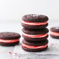 chocolate candy cane sugar cookies in a stack