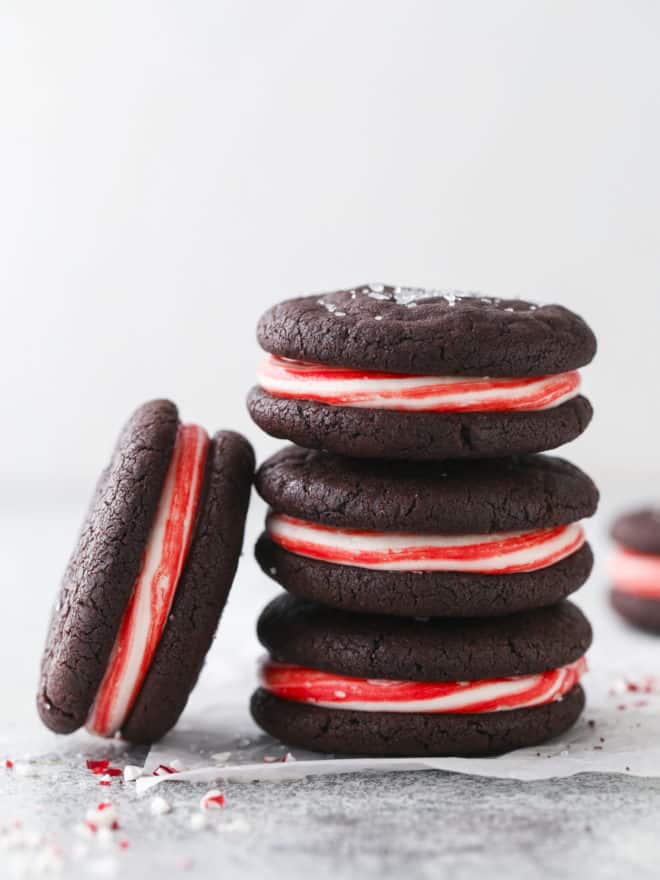 closeup of chocolate candy cane cookies in a stack