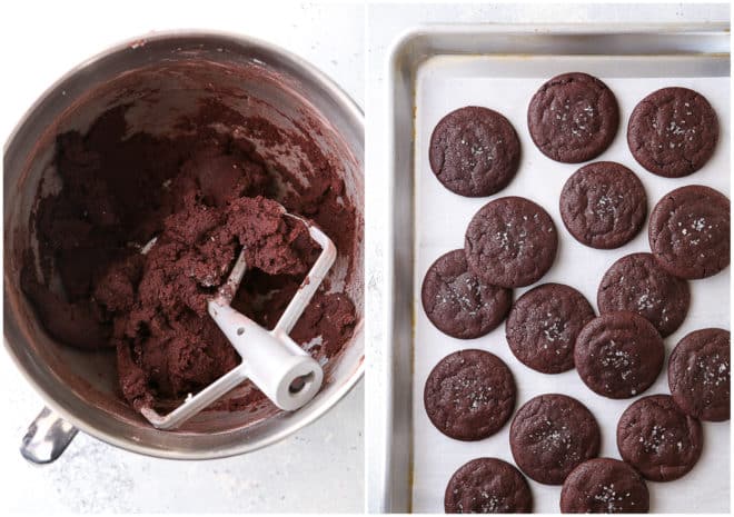 chocolate cookie dough and baked chocolate cookies