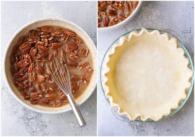pie crust shell and pecan pie mixture in bowl