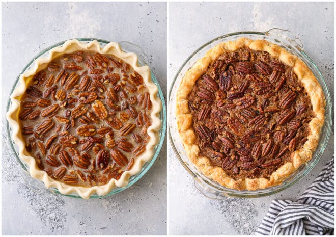 pecan pie, before and after baking