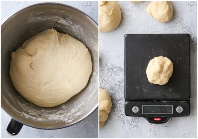 risen dough and portioned dough on scale