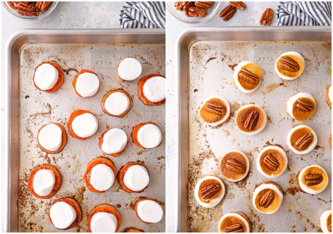 topping sweet potatoes with marshmallows and pecans