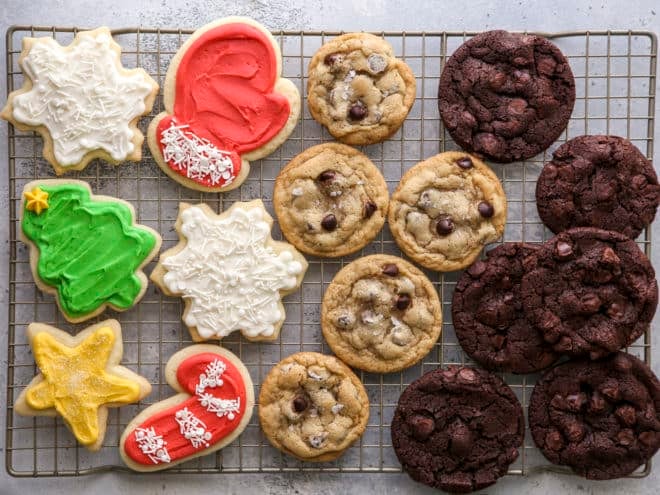 frosted sugar cookies, chocolate chip cookies, chocolate chocolate chunk cookies