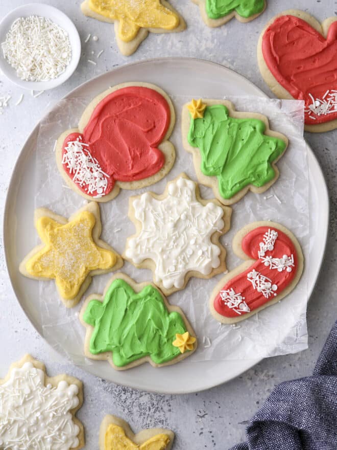 frosted sugar cookie cut outs on a plate
