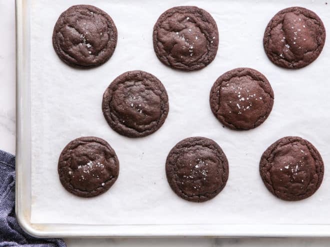 baked chocolate cookies on sheet pan