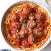 a big bowl of spaghetti with meatballs