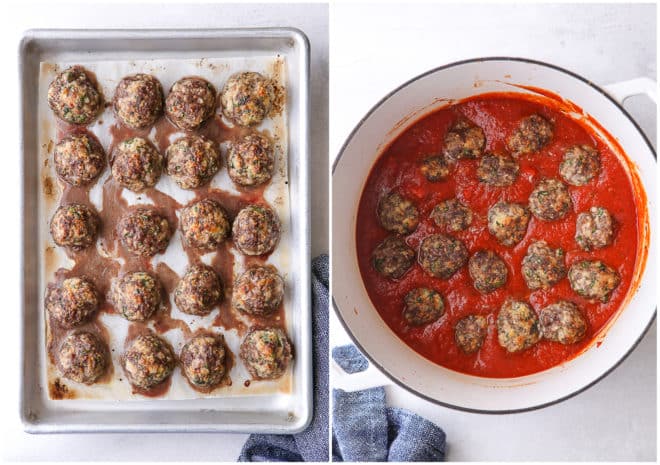browning meatballs and cook in marinara sauce