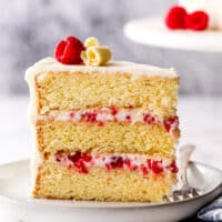 a slice of raspberry white chocolate cake