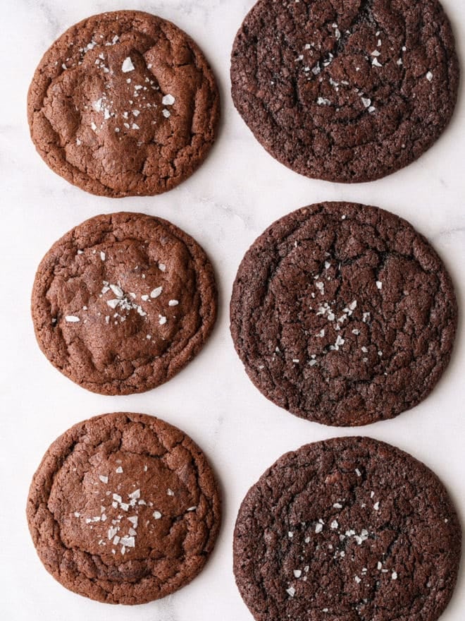 Chocolate cookies side-by-side, using natural cocoa and dutch process cocoa