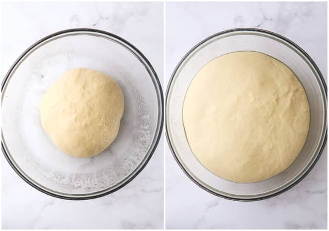 doughnut dough, before and after rising