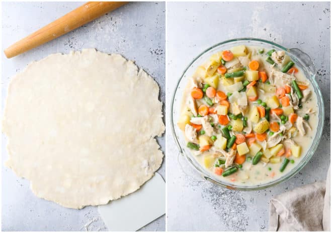 rolling out pie crust dough, and pot pie filling in pie dish