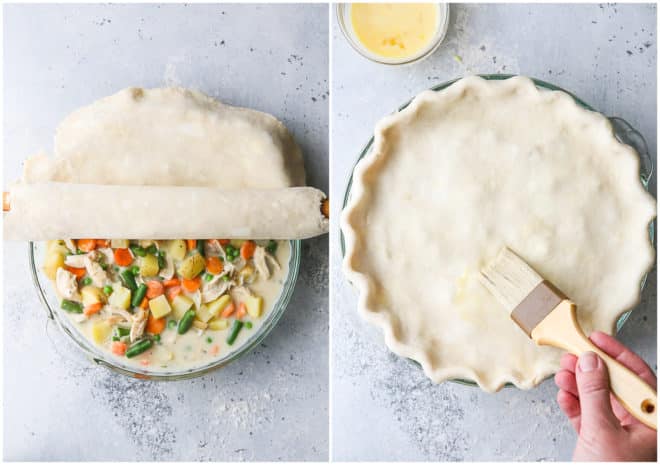 rolling pie crust over pot pie filling, and brushing with egg wash