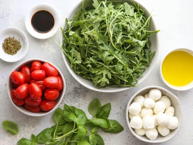 ingredients for arugula caprese salad