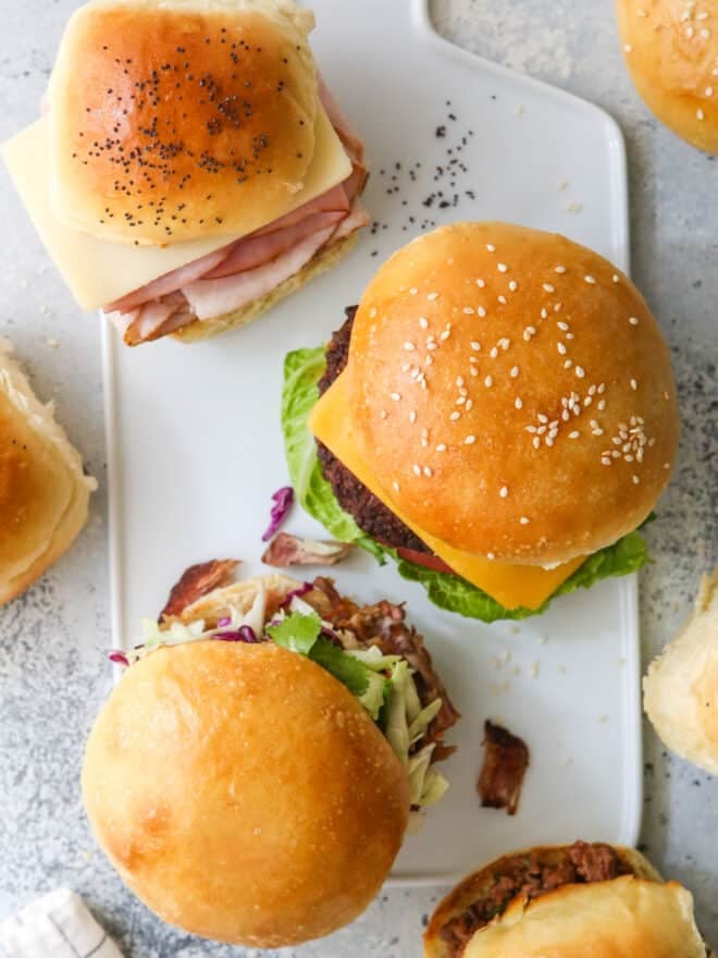overhead sandwiches, sliders and burgers on different buns