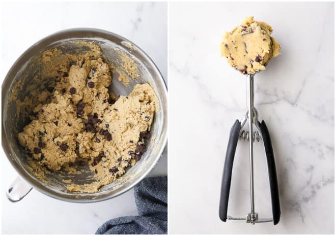 bowl of chocolate chip cookie dough, and a scoop full
