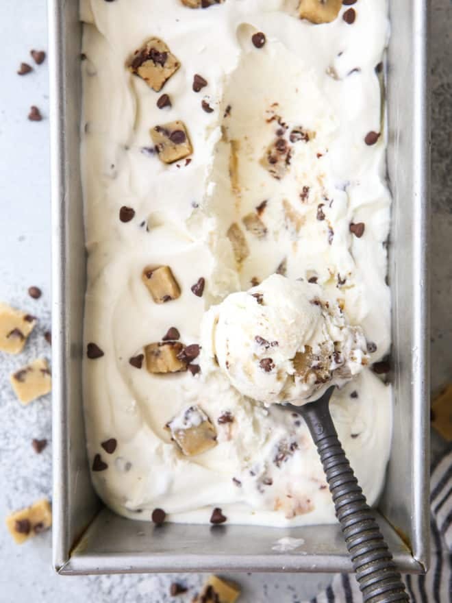 scooping out no-churn chocolate chip cookie dough ice cream