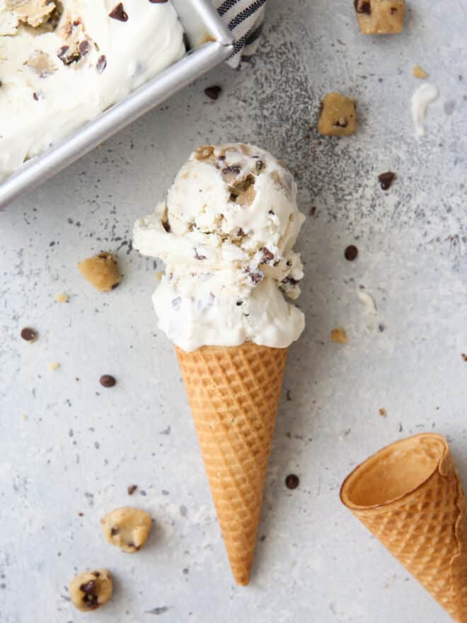 scooped no-churn chocolate chip cookie dough in a cone on counter