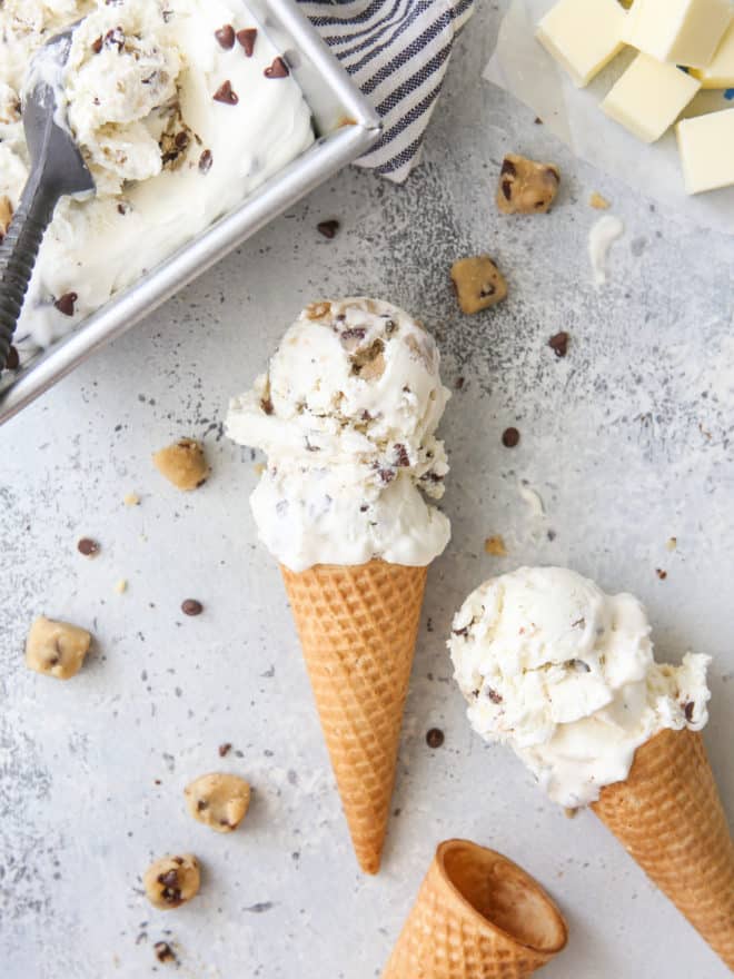 scooped no-churn chocolate chip cookie dough in a cones on counter