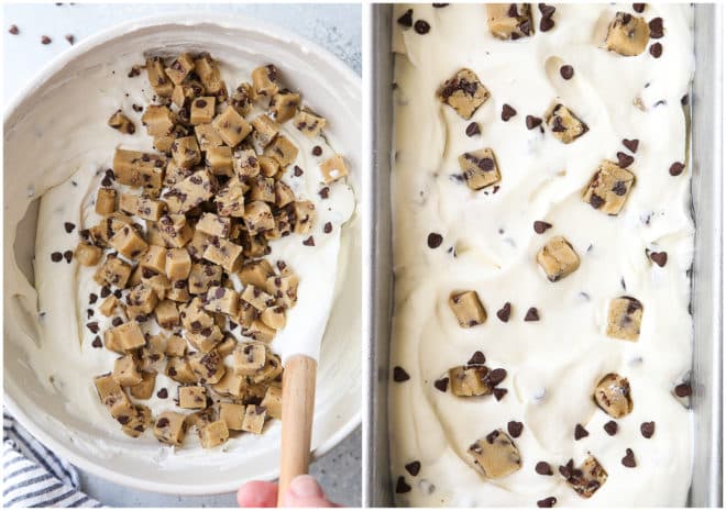 adding cookie dough chunks to whipped cream mixer, and ice cream ready to freeze