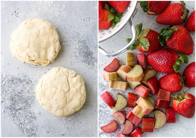 pie crust, and sliced strawberries and rhubarb