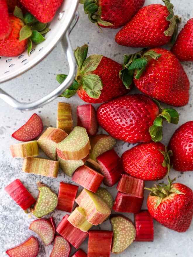 whole strawberries and sliced rhubarb