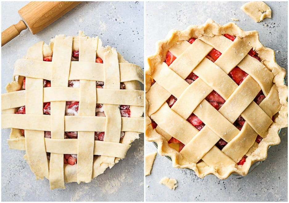 topping strawberry rhubarb pie with lattice pie crust 