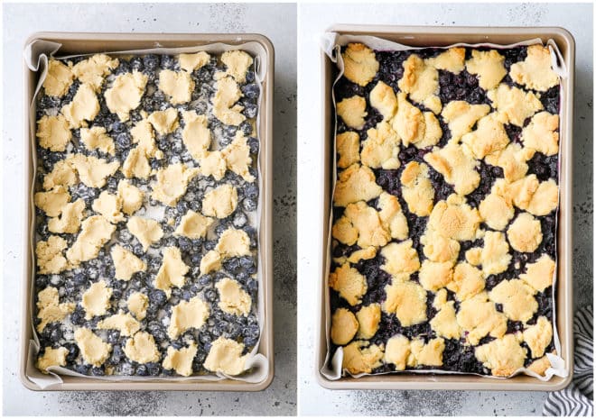 blueberry pie bars before and after baking