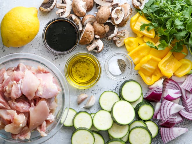 ingredients for lemon-cilantro chicken and veggie skewers
