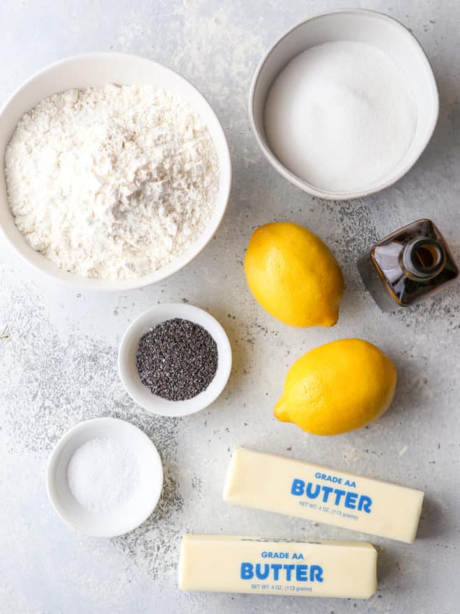 ingredients for lemon poppy seed shortbread cookies