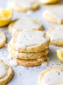 lemon poppy seed shortbread cookies stacked together