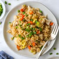 close up of chicken fried rice on plates with a fork