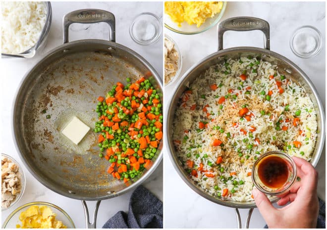 cooking veggies and adding soy sauce to fried rice
