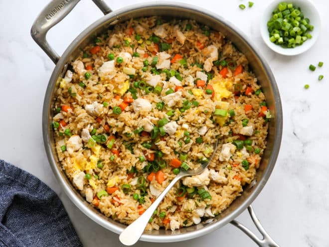 finished chicken fried rice in a pan