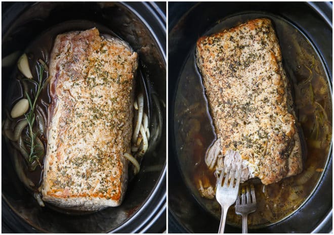 slow cooker rosemary balsamic pork roast before and after cooking