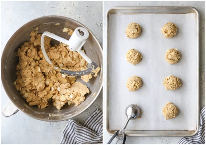 mixed white chocolate macadamia nut cookies on a bowl, and portioned cookie dough rounds on a sheet pan
