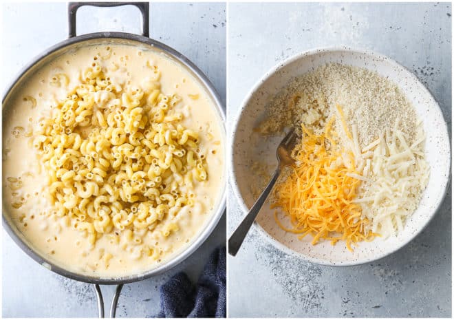 noodles in cheese sauce and making crispy topping