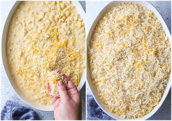 adding topping to macaroni and cheese
