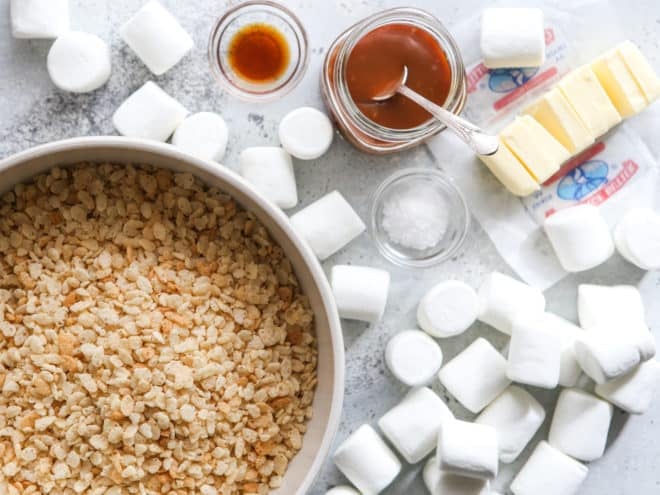 ingredients for brown butter salted caramel rice krispie treats