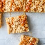 squares of brown butter salted caramel rice krispie treats closeup