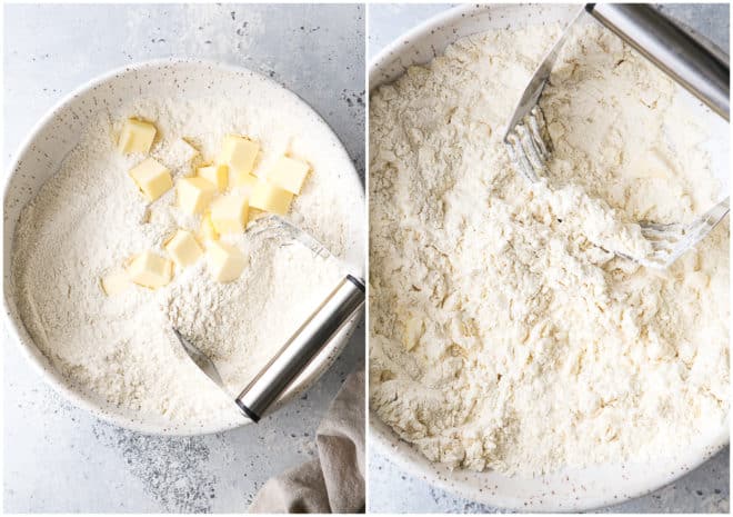 mixing butter into biscuit dough
