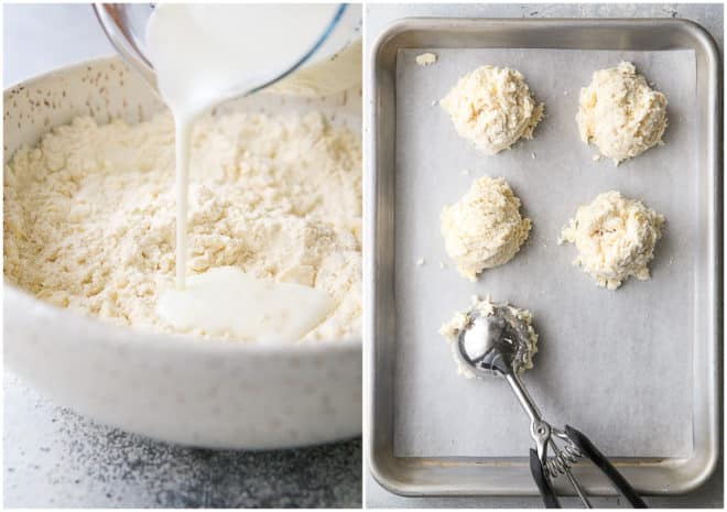 adding buttermilk to biscuit dough and scooping biscuits
