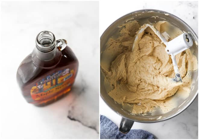 maple syrup bottle and mixed cake batter