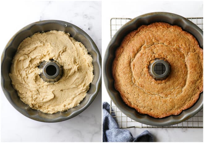 maple bundt cake before and after baking