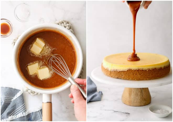 making caramel sauce and pouring it on cheesecake