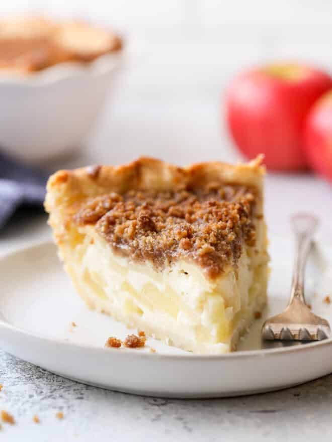 closeup of sour cream apple pie slice