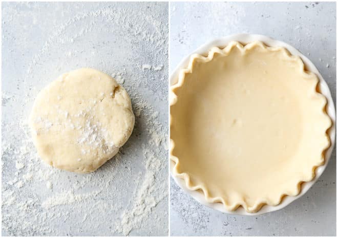 rolling out pie crust, crimped in pie dish