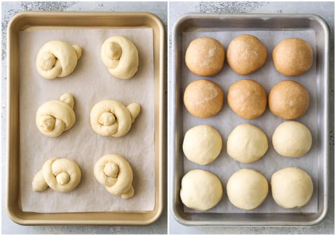 dinner roll knots and rounds before baking